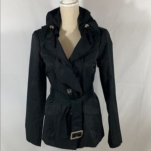 WHBM dressy black trench coat with ruffles